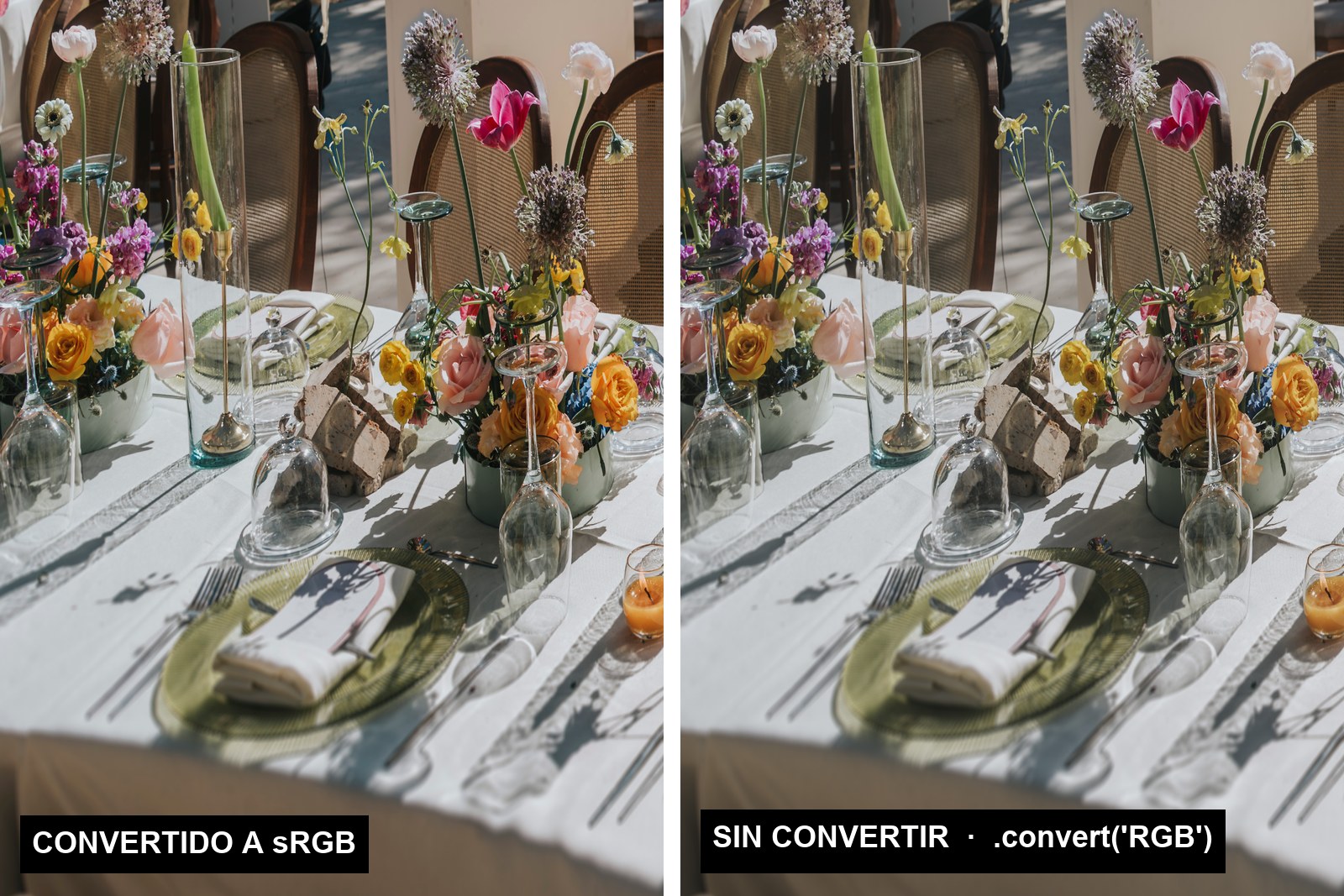 Comparación entre una foto convertida a sRGB y otra sin convertir
